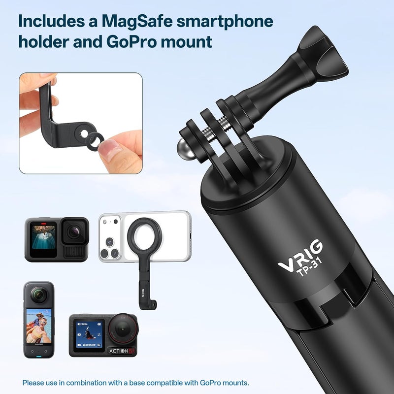 VRIG 74" Action Camera Selfie Stick Tripod, TP-31 Extendable Tripod Stand with 1/4" Screw, Go Pro Adapter and Magnetic Phone Mount, Compatible with iPhone/DJI Osmo Action 5 Pro/Insta 360 X5 - Image 2